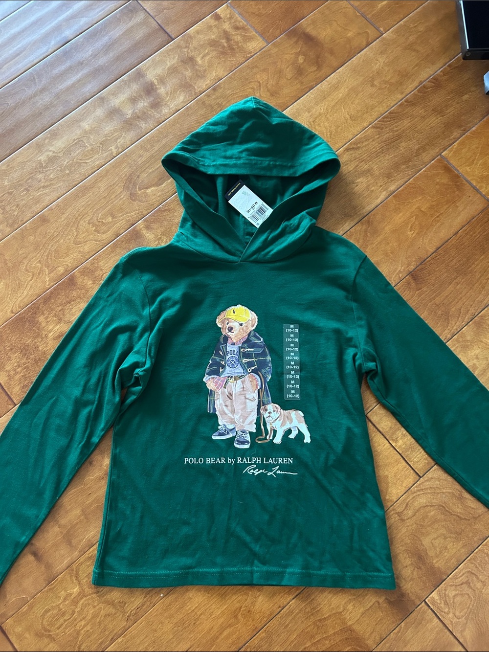 New Ralph Lauren Green Polo Bear Hooded Long Sleeve Shirt with Puppy Graphic